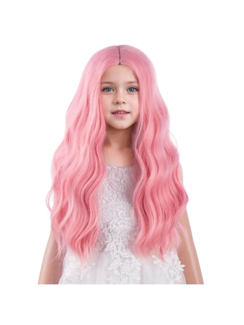 Women's Pastel Pink Long Wavy Wig For Girls Wavy Curly Synthetic Halloween Hair
